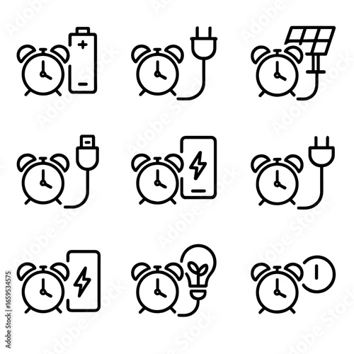 Alarm Clock Power Sources. Outline icon set of alarm clock power sources: battery, plug adapter, solar panel, USB charging,