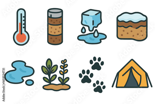 Permafrost Monitoring Icons. Flat vector mini-illustrations Monitoring permafrost changes in colors children's