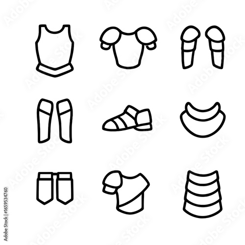 Armor Icon Set. Outline icon set of armor parts: breastplate, pauldrons, vambraces, cuisses, sabatons, gorget, tassets, spaulders,