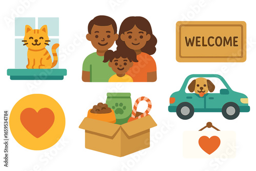 Pet Adoption Journey. Flat vector mini-illustrations pets finding new homes in colors children's illustrations