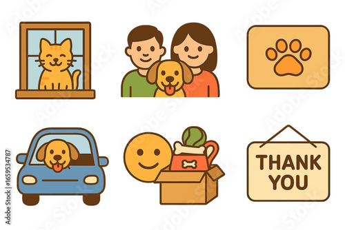 Pet Adoption Journey. Flat vector mini-illustrations pets finding new homes in colors children's illustrations