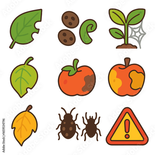 Pest Infestation Icons. Flat vector mini-illustrations signs of pest infestation in colors children's