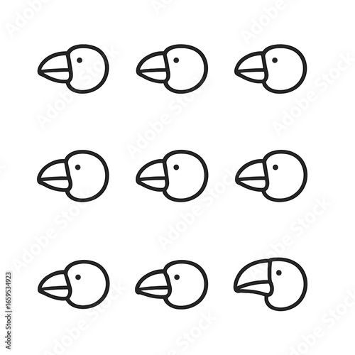 Beak Color Icons. Outline icon set of beak colors: black beak, yellow beak, orange beak, red beak, white beak, brown beak, blue