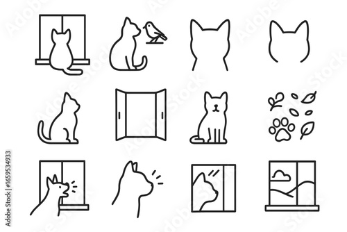 Pet Window Icons. Outline icon set of pets watching outside: window perch, bird outside, curious ears, tail