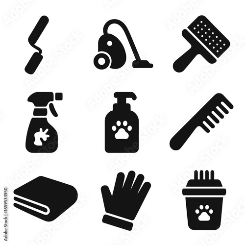 Pet Cleaning Icons. Solid, filled icons set of pet cleaning tools: lint roller, vacuum, pet hair remover, odor