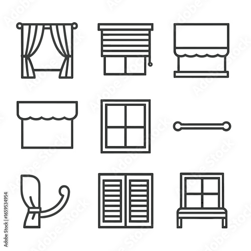 Bedroom Window Icons. Outline icon set of bedroom window treatments: curtains, blinds, shades, valance, window frame, curtain rod,