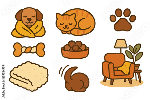 Pet Snuggle Icons. Flat vector mini-illustrations Pet snuggles on the couch in colors children's illustrations