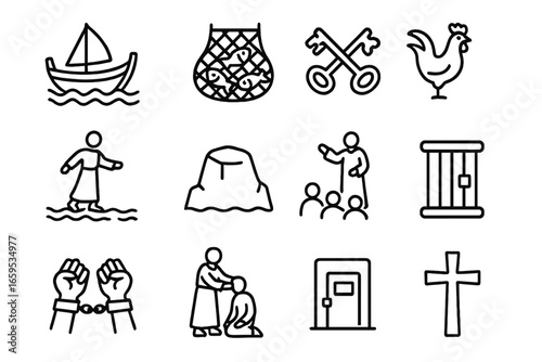 Peter's Journey Icons. Outline icon set of Peter the Apostle’s life: fisherman boat, net of fish, keys to