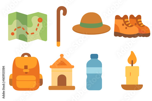 Pilgrimage Journey Icons. Flat vector mini-illustrations pilgrimage journeys in colors children's