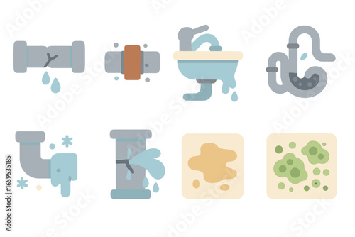 Pipe Problem Illustrations. Flat vector mini-illustrations common pipe problems in colors children's