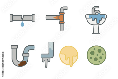 Pipe Problem Illustrations. Flat vector mini-illustrations common pipe problems in colors children's