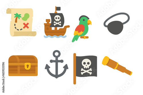 Pirate Adventure Icons. Flat vector mini-illustrations pirate adventure in colors children's illustrations: