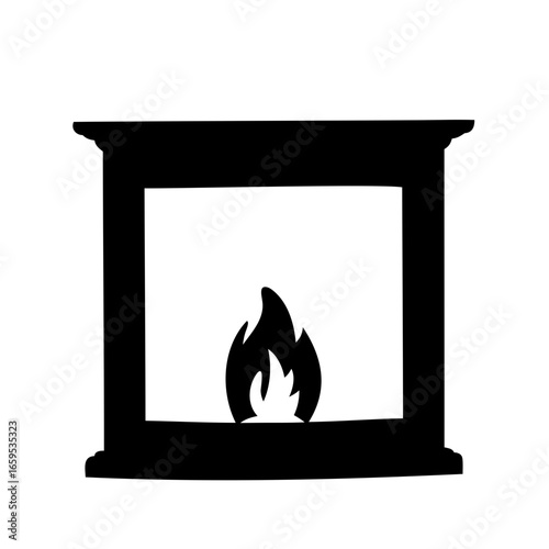 Stylized black and white illustration of a fireplace with a roaring flame