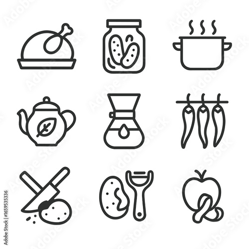 Bitter Cooking Techniques Icons. Outline icon set of bitter cooking techniques: roasting, fermenting, boiling, infusing, brewing,
