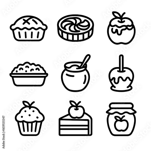 Apple Desserts Icons. Outline icon set of apple desserts: apple pie, apple tart, baked apple, apple crumble, apple sauce, caramel