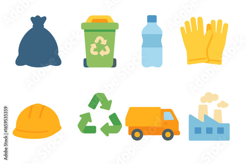 Plastic Waste Icons. Flat vector mini-illustrations plastic waste collection in colors children's