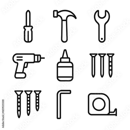Assembly Tools Icons. Outline icon set of furniture assembly tools: screwdriver, hammer, wrench, drill, glue, nails, screws, Allen