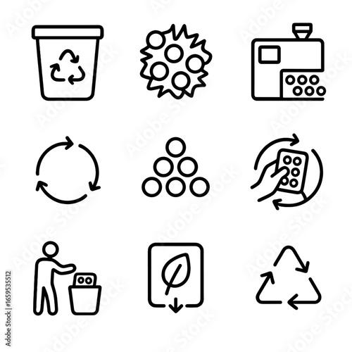 Bubble Wrap Recycling Icons. Outline icon set of bubble wrap recycling: recycling bin, shredded bubble wrap, reprocessing machine,