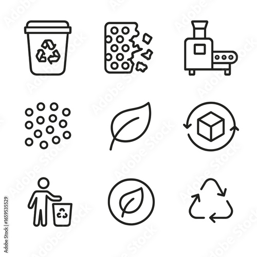 Bubble Wrap Recycling Icons. Outline icon set of bubble wrap recycling: recycling bin, shredded bubble wrap, reprocessing machine,