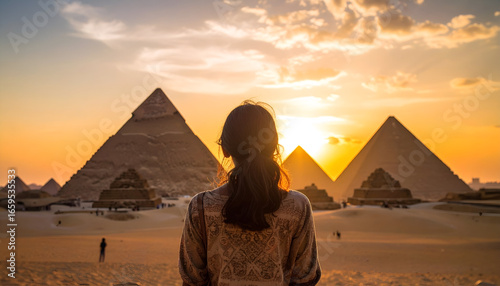 Woman at Giza Pyramids sunset.