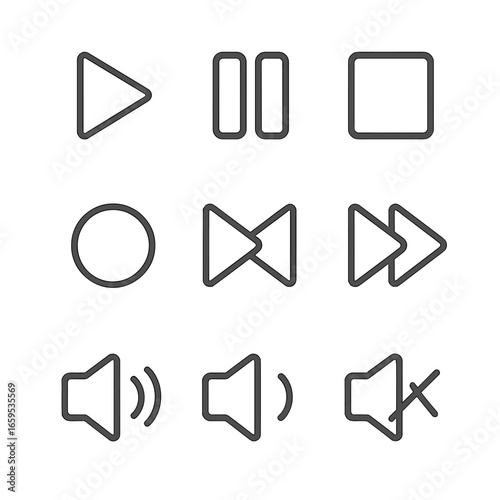 Audio Control Icon Set. Outline icon set of button functions: play, pause, stop, record, rewind, fast forward, volume up, volume