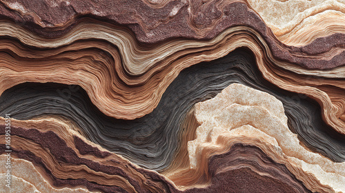 Abstract geological layers forming wave-like patterns in molten earth tones.