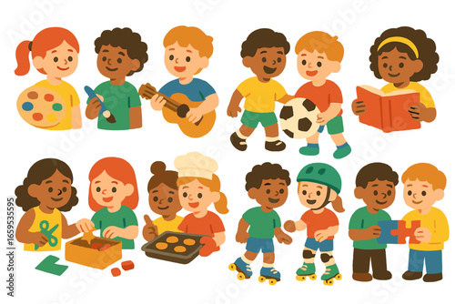 Playful Hobbies Icons. Flat vector mini-illustrations Friends doing hobbies together in colors children's