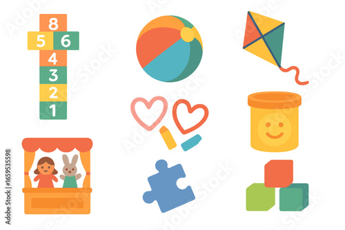 Playful Gratitude Icons. Flat vector mini-illustrations gratitude through play in colors children's