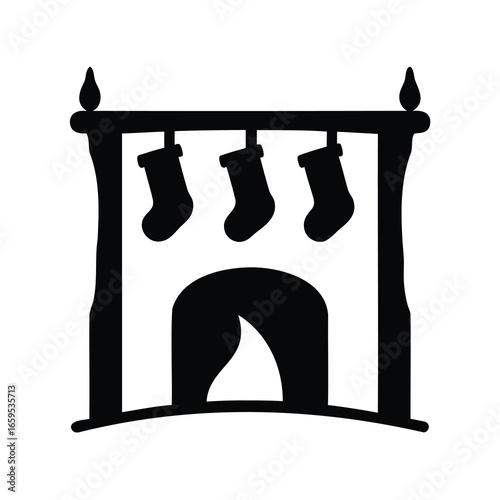 A simplistic silhouette of a fireplace with three Christmas stockings hanging
