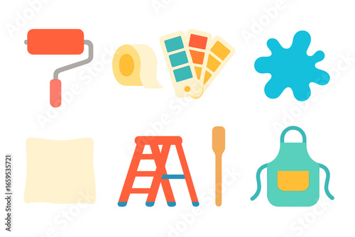 Playful Paint Tools. Flat vector mini-illustrations Painting and decorating in colors children's illustrations