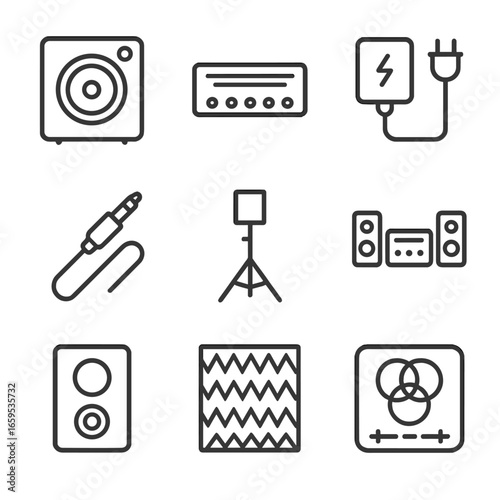 Audio Equipment Icons. Outline icon set of bass in audio equipment: subwoofer, amplifier, power supply, audio cable, speaker stand
