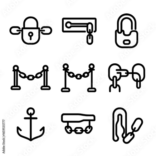 Chain Security Icons. Outline icon set of chain safety and security: lock and chain, security chain, bicycle lock chain, chain