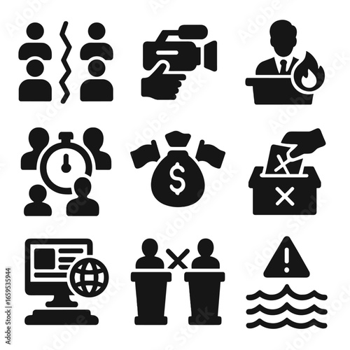 Political Icons Grid. Solid, filled icons set of political challenges and debates: divided crowd, media