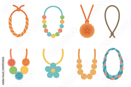 Children's Necklace Designs. Flat vector mini-illustrations handmade necklaces in colors children's illustrations: woven thread