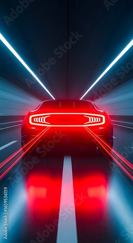 Sleek red car in a dark futuristic rain-soaked tunnel, Car, Speed, Futuristic, Neon, Motion, Rain