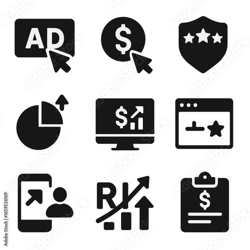 PPC Analytics Icons. Solid, filled icons set of paid search and PPC analytics: ad click, cost per click,