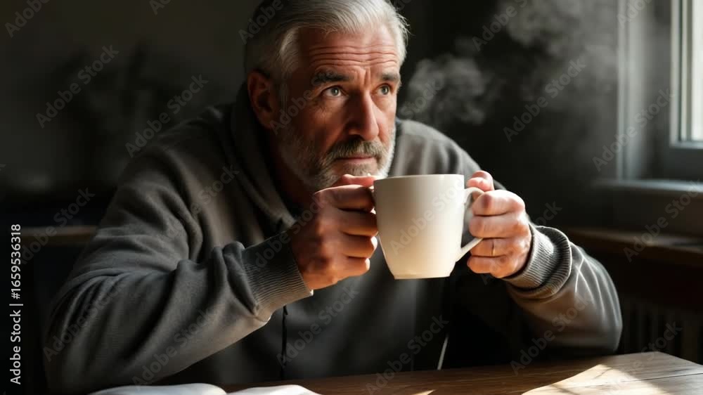 Senior man with gray hair and beard is savoring a steaming cup of coffee at a wooden table, with a book resting beside him, creating a cozy and reflective atmosphere in the room Senior man with gray hair and beard is savoring a steaming cup of coffee at a wooden table, with a book resting beside him, creating a cozy and reflective atmosphere in the room