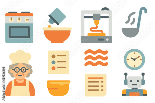 3D Printing vs Cooking. Flat vector mini-illustrations 3D printing vs traditional cooking in colors children's