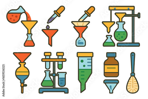 Children's Science Icons. Flat vector mini-illustrations funnel usage in colors children's illustrations: pouring liquid,