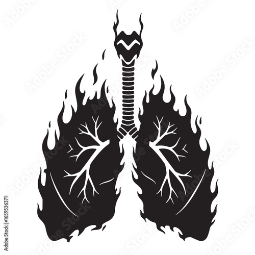 Symbolic illustration of inflamed lungs burning in a fire vector graphic black and white