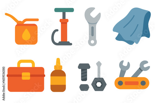 Children's Tool Icons. Flat vector mini-illustrations workbench setup in colors children's illustrations: wooden bench, vice clamp