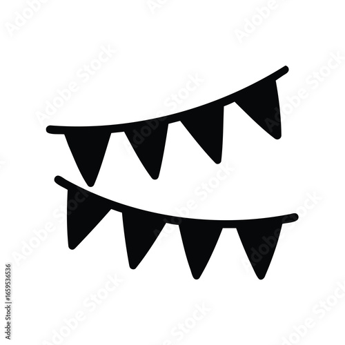 Two strings of triangular festive bunting hanging, isolated on white backdrop