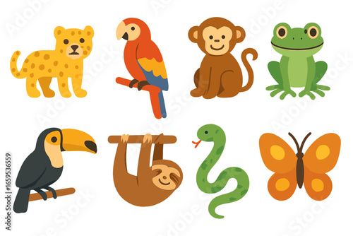 Rainforest Animal Icons. Flat vector mini-illustrations animals in the rainforest habitat in colors children's