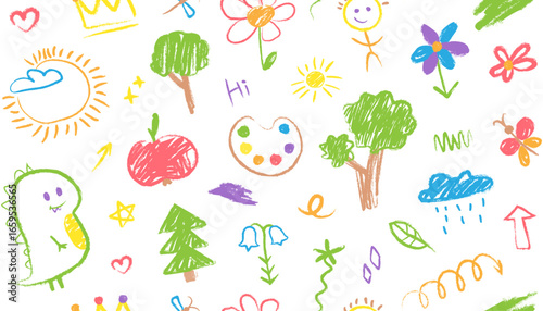 Seamless pattern with hand drawn colorful children's doodles in crayon style. Dinosaur, trees, apple, butterfly, sun, flowers. Vector kids drawings, sketches with chalk texture, background, wallpaper.