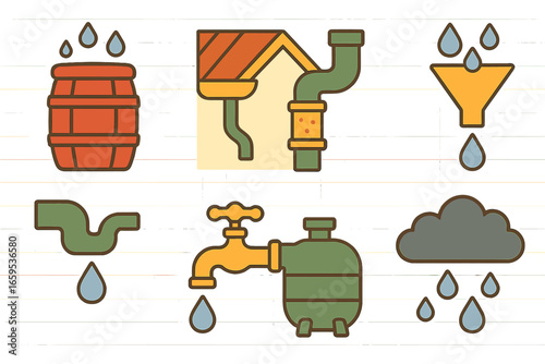Rainwater Systems Icons. Flat vector mini-illustrations rainwater collection systems in colors children's