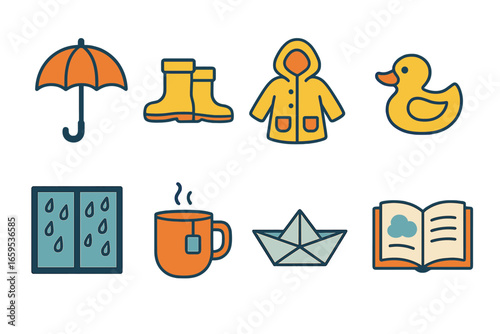 Rainy Day Icons. Flat vector mini-illustrations rainy day fun in colors children's illustrations: umbrella,