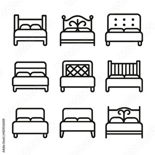 Bed Frame Icon Set. Outline icon set of bed materials: wood frame, metal frame, upholstered, leather, rattan, bamboo, fabric,