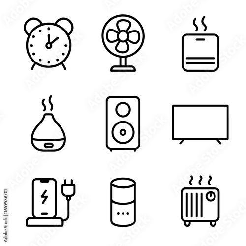 Bedroom Electronics Icons. Outline icon set of bedroom electronics: alarm clock, fan, air purifier, humidifier, speaker,