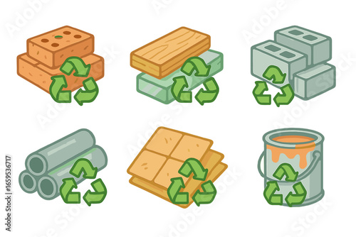 Recycled Building Materials. Flat vector mini-illustrations recycled construction materials in colors children