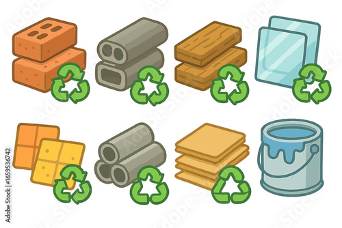 Recycled Building Materials. Flat vector mini-illustrations recycled construction materials in colors children